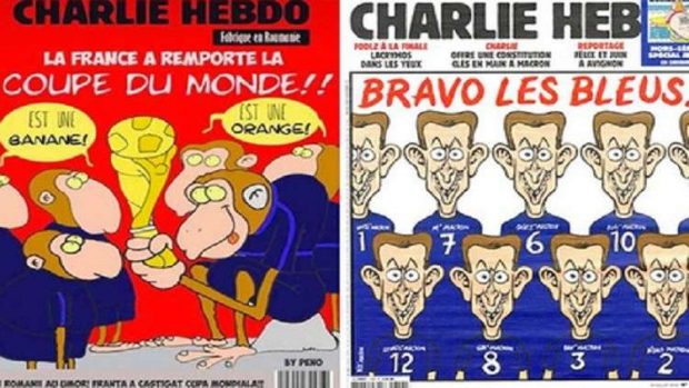 العنصرية عاوتاني.. ”شارلي إيبدو” تشبه لاعبي منتخب فرنسا بالقردة