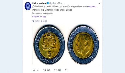 كتشبه لـ2 أورو.. الشرطة الإسبانية تحذر مواطنيها من النصب عليهم بـ5 دراهم مغربية!!