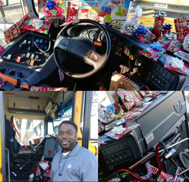 بالصور من أمريكا.. سائق حافلة مدرسية يلعب دور “بابا نويل” ويشتري هدايا للأطفال
